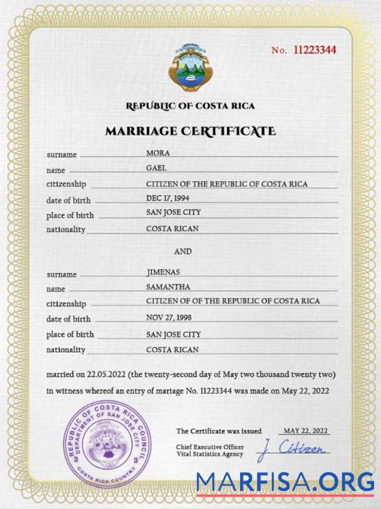 Printable Costa Rica marriage certificate PSD template